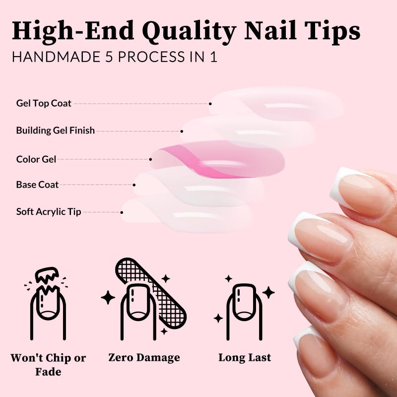 Lifextol 140PC White French Tip Press on Nails Short Fake Nails Press ons with 5*Adhesive Tabs, Pink Square Acrylic Nail Press on Nail French Tip Nails False Artificial Fingernails Stick on Nails-F - Image 3